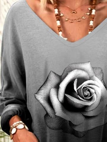 Loose Rose Print V-Neck Long Sleeve T-Shirt - LuckyFash™
