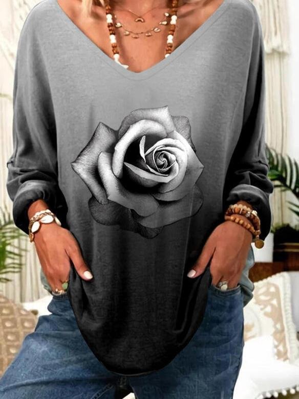 Loose Rose Print V-Neck Long Sleeve T-Shirt - LuckyFash™