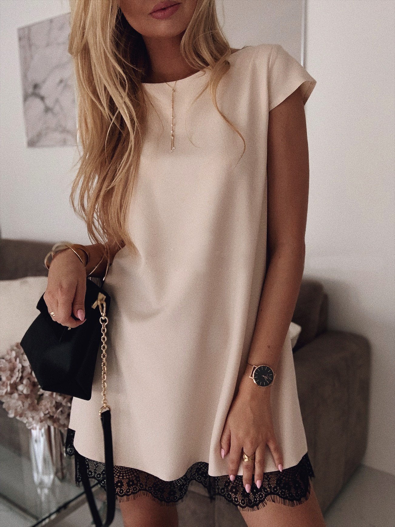 Loose Short Sleeve Round Neck Hem Lace Dress - LuckyFash™