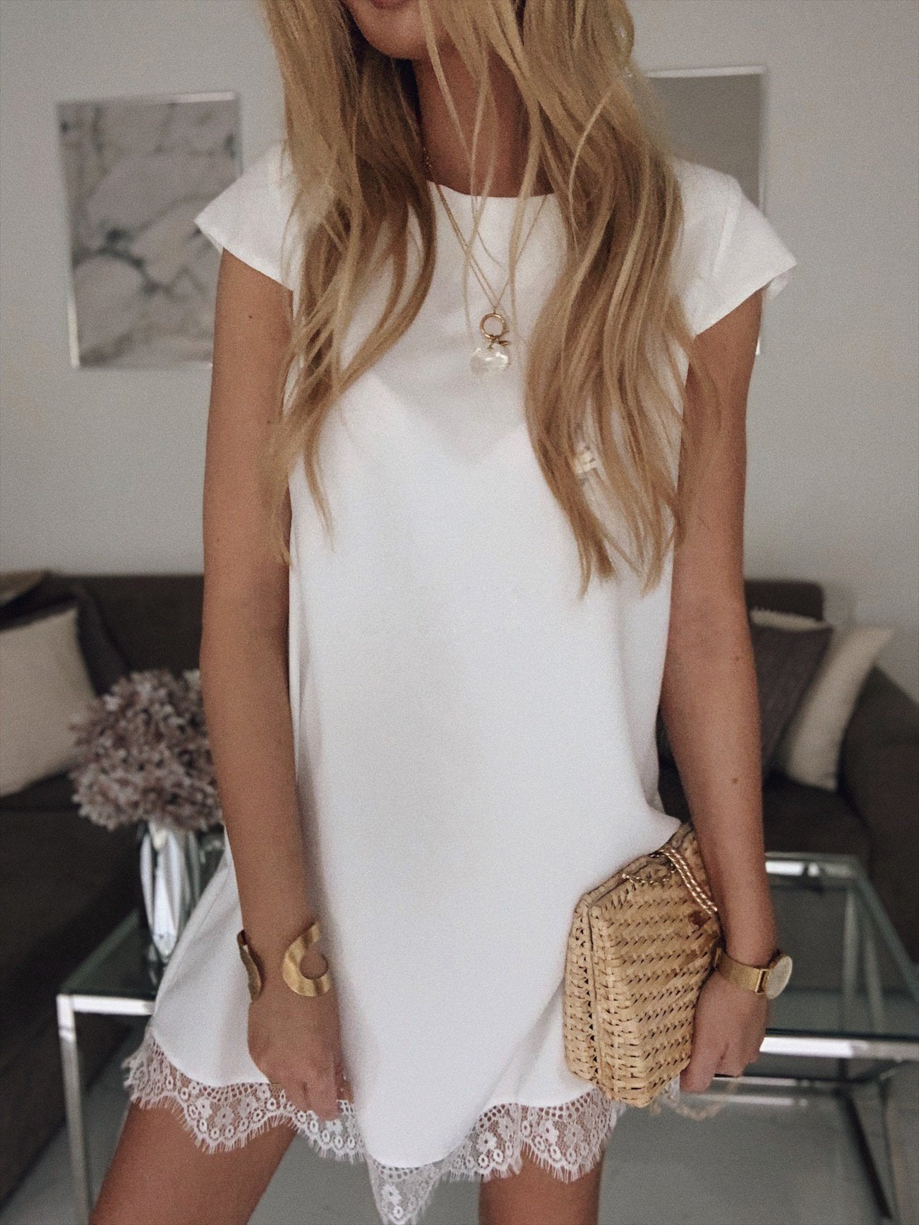 Loose Short Sleeve Round Neck Hem Lace Dress - LuckyFash™
