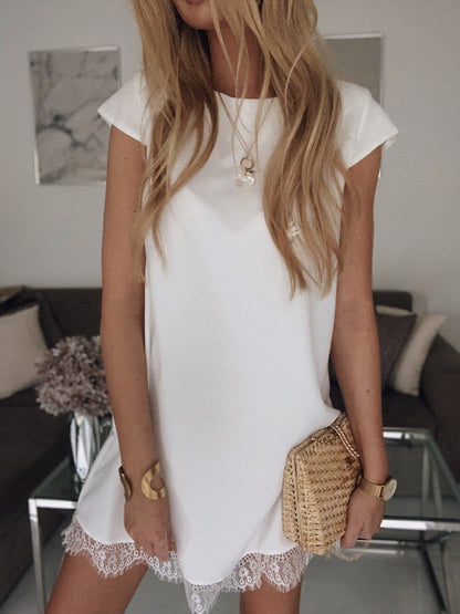 Loose Short Sleeve Round Neck Hem Lace Dress - LuckyFash™