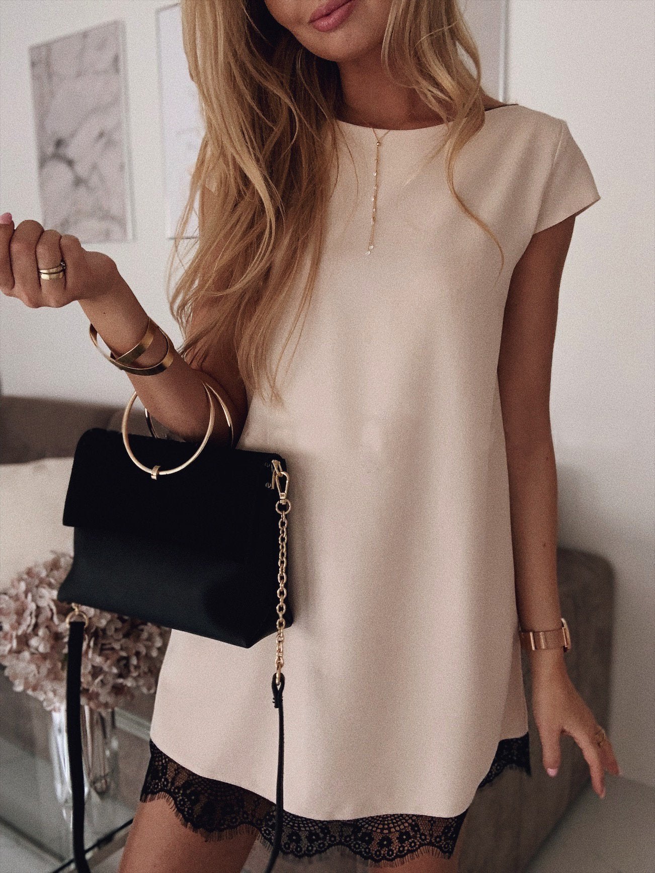 Loose Short Sleeve Round Neck Hem Lace Dress - LuckyFash™