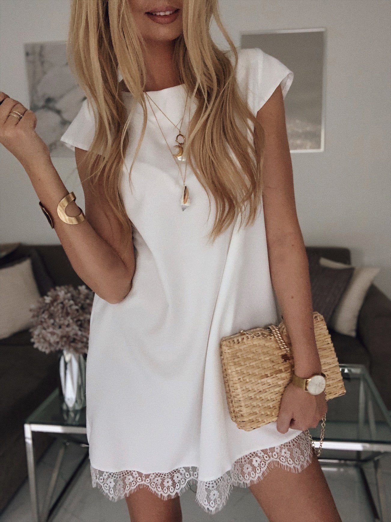Loose Short Sleeve Round Neck Hem Lace Dress - LuckyFash™