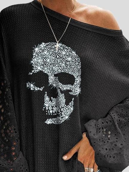 Loose Skull Printed Lace Stitching T-shirt - LuckyFash™