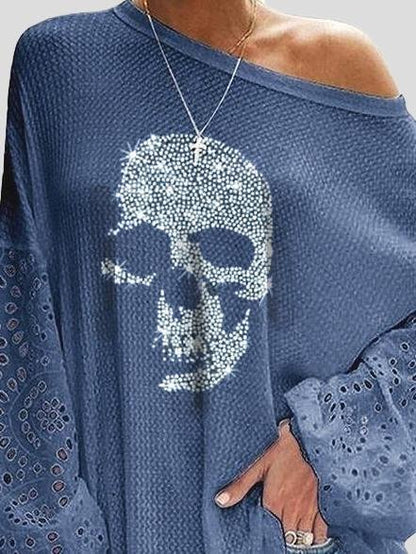 Loose Skull Printed Lace Stitching T-shirt - LuckyFash™