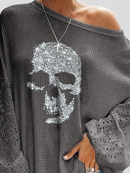 Loose Skull Printed Lace Stitching T-shirt - LuckyFash™