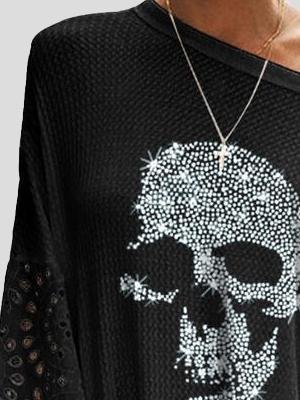 Loose Skull Printed Lace Stitching T-shirt - LuckyFash™