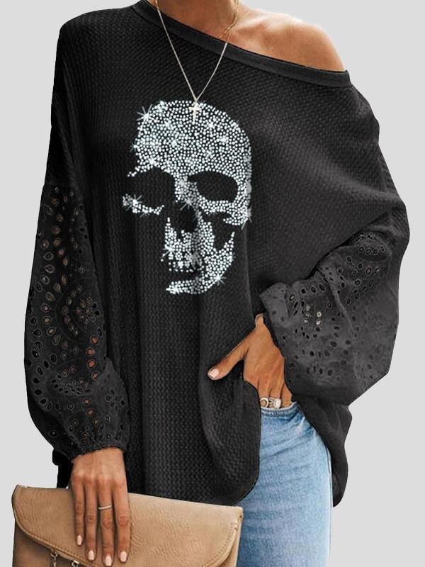 Loose Skull Printed Lace Stitching T-shirt - LuckyFash™