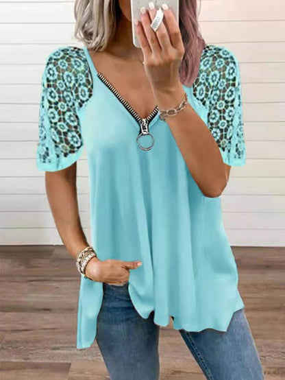 Loose Solid Color Lace Stitching T-shirt - LuckyFash™