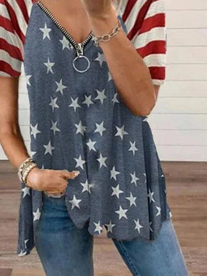 Loose Star Print Zipper V-neck Short-sleeved T-shirt - LuckyFash™