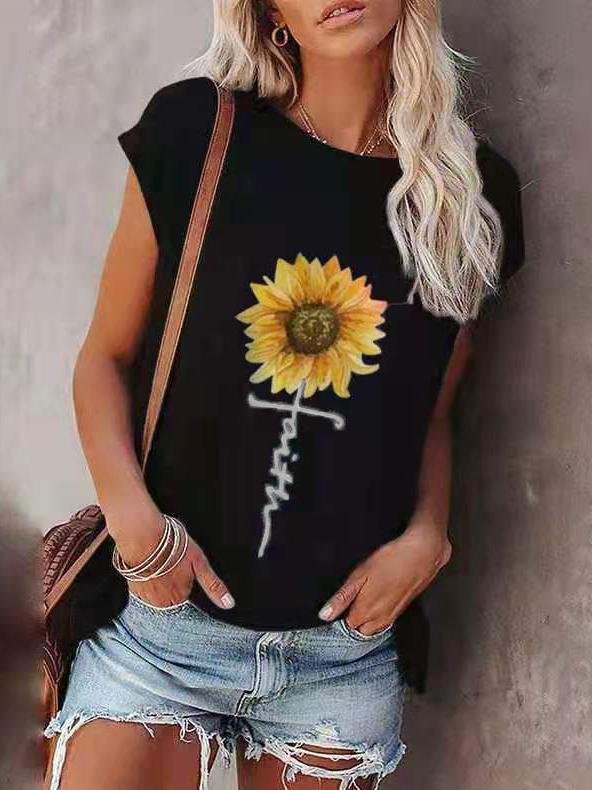 Loose Sunflower Print Round Neck Short Sleeve T-Shirt - LuckyFash™