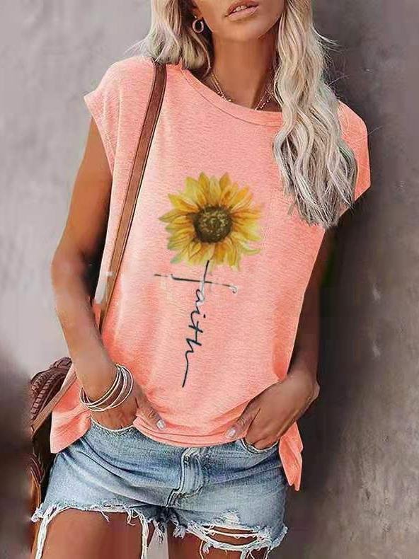Loose Sunflower Print Round Neck Short Sleeve T-Shirt - LuckyFash™