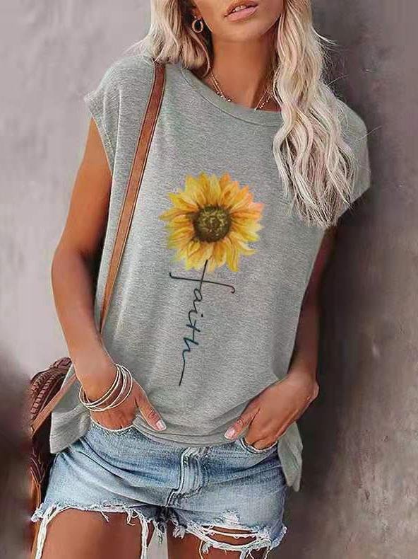 Loose Sunflower Print Round Neck Short Sleeve T-Shirt - LuckyFash™