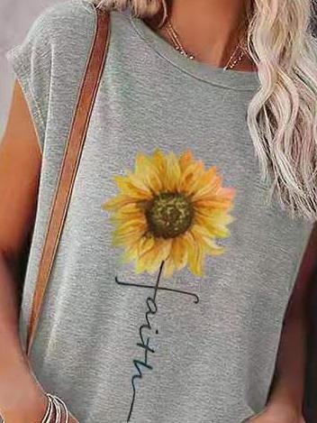 Loose Sunflower Print Round Neck Short Sleeve T-Shirt - LuckyFash™