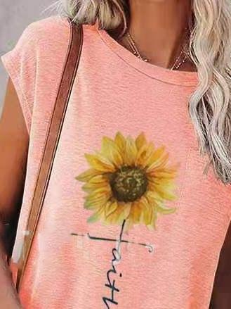 Loose Sunflower Print Round Neck Short Sleeve T-Shirt - LuckyFash™