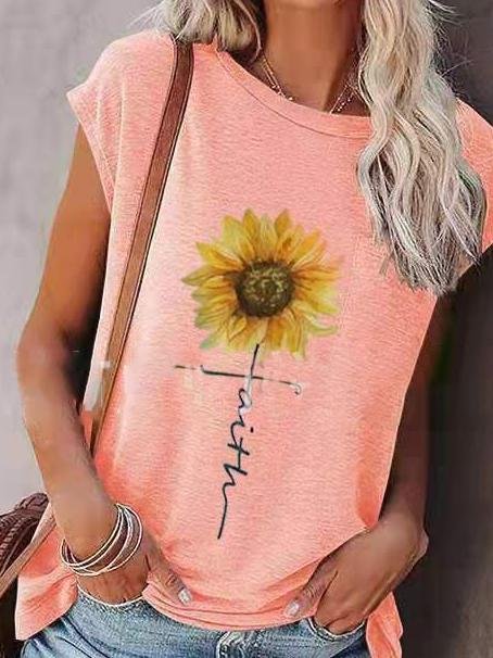 Loose Sunflower Print Round Neck Short Sleeve T-Shirt - LuckyFash™