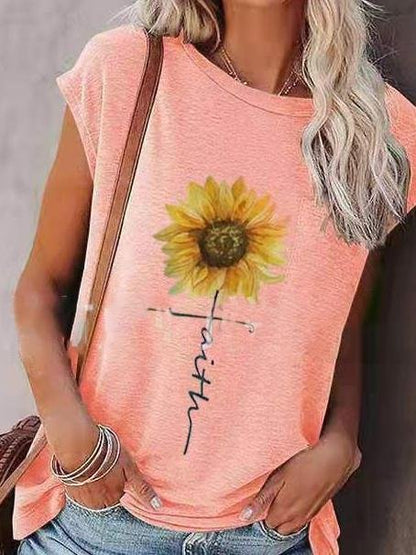 Loose Sunflower Print Round Neck Short Sleeve T-Shirt - LuckyFash™