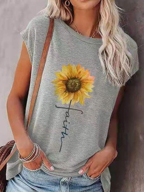 Loose Sunflower Print Round Neck Short Sleeve T-Shirt - LuckyFash™