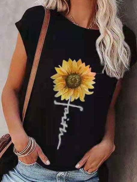 Loose Sunflower Print Round Neck Short Sleeve T-Shirt - LuckyFash™