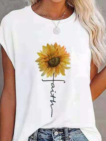 Loose Sunflower Print Round Neck Short Sleeve T-Shirt - LuckyFash™