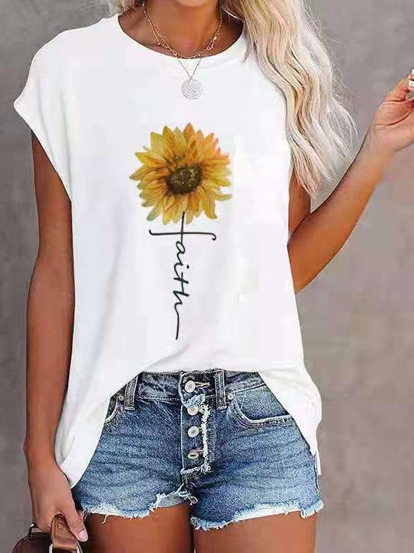 Loose Sunflower Print Round Neck Short Sleeve T-Shirt - LuckyFash™