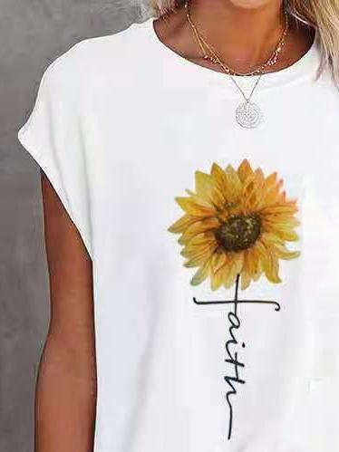 Loose Sunflower Print Round Neck Short Sleeve T-Shirt - LuckyFash™