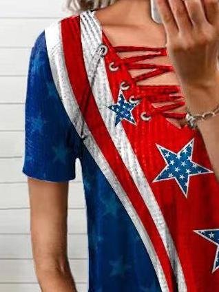 Loose Tether V-neck Star Print T-shirt - LuckyFash™