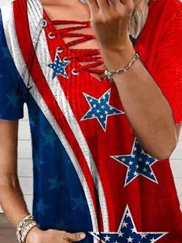 Loose Tether V-neck Star Print T-shirt - LuckyFash™
