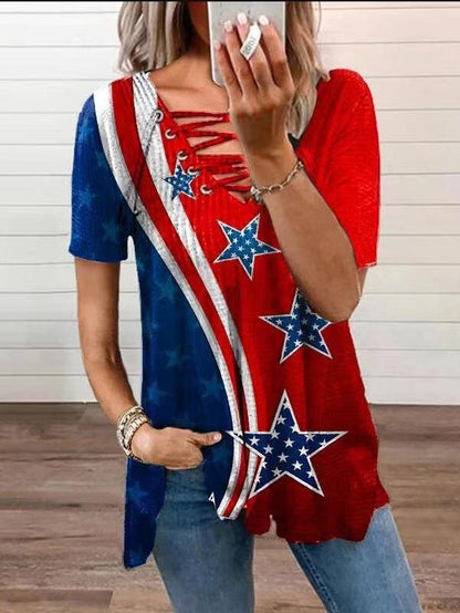 Loose Tether V-neck Star Print T-shirt - LuckyFash™