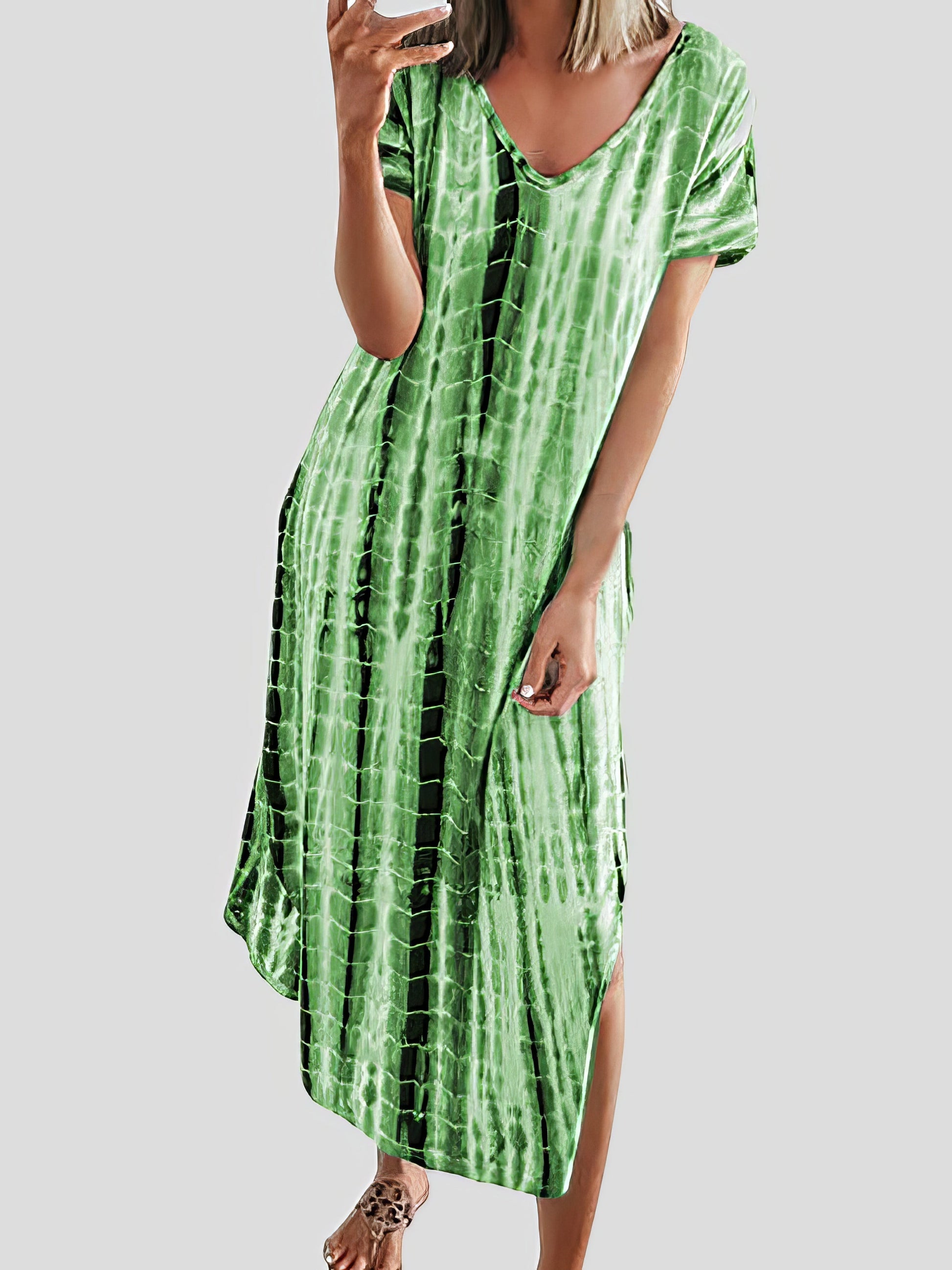 Loose Tie-Dye Printed V-Neck Split Dress - LuckyFash™