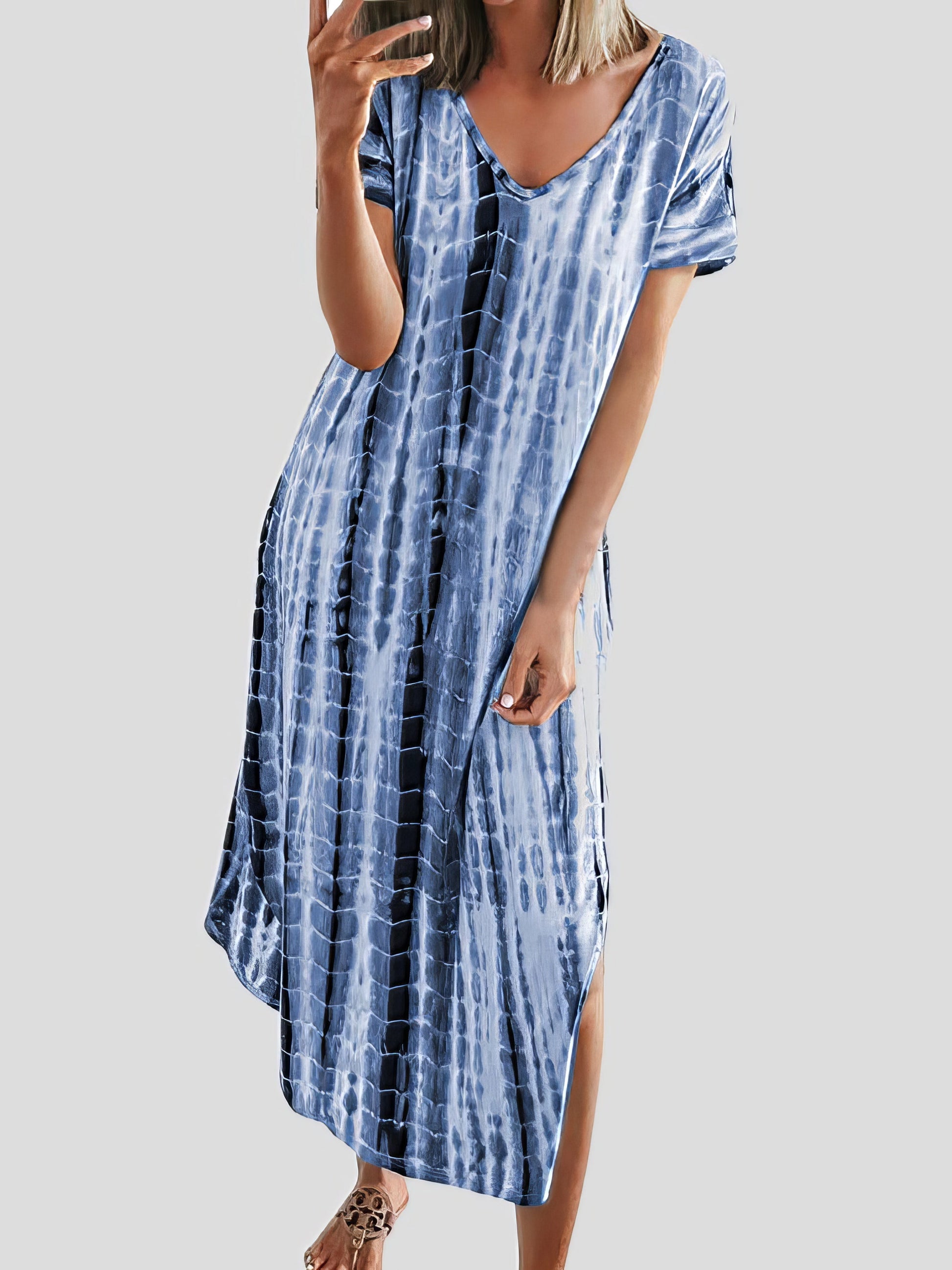 Loose Tie-Dye Printed V-Neck Split Dress - LuckyFash™