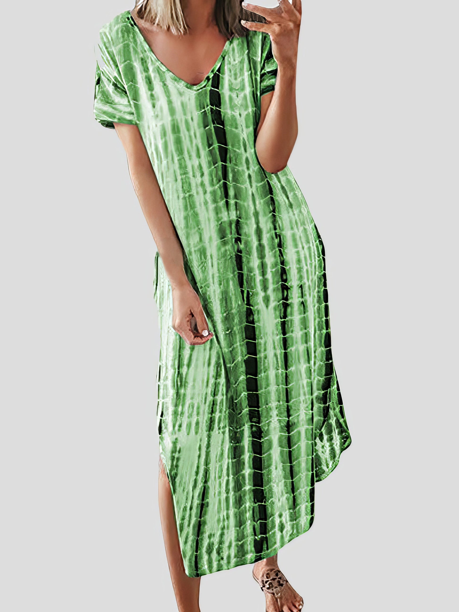 Loose Tie-Dye Printed V-Neck Split Dress - LuckyFash™