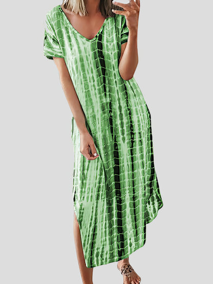 Loose Tie-Dye Printed V-Neck Split Dress - LuckyFash™