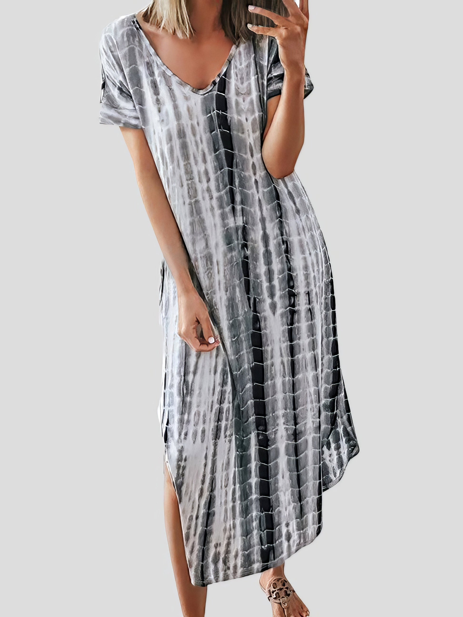 Loose Tie-Dye Printed V-Neck Split Dress - LuckyFash™