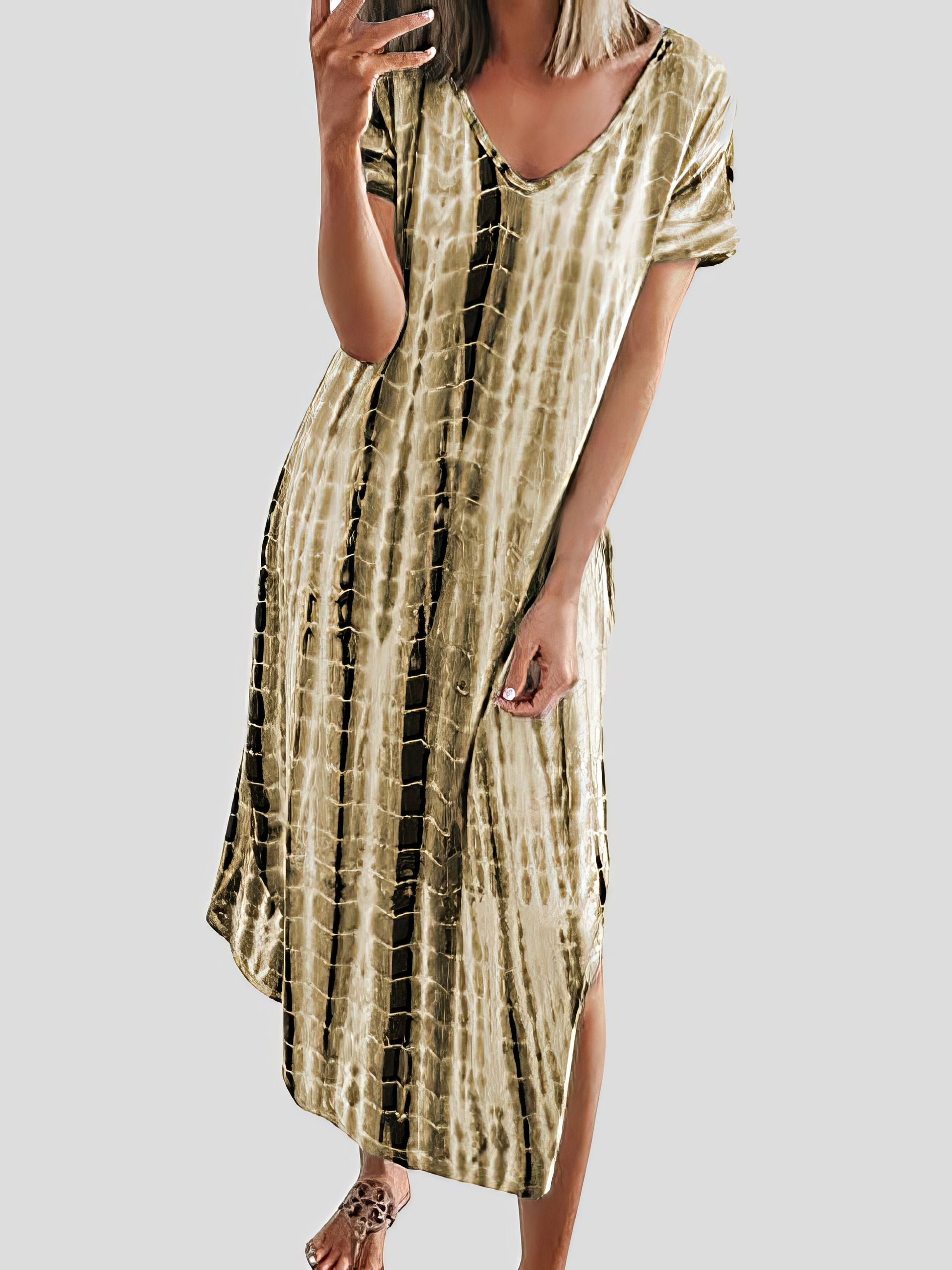 Loose Tie-Dye Printed V-Neck Split Dress - LuckyFash™