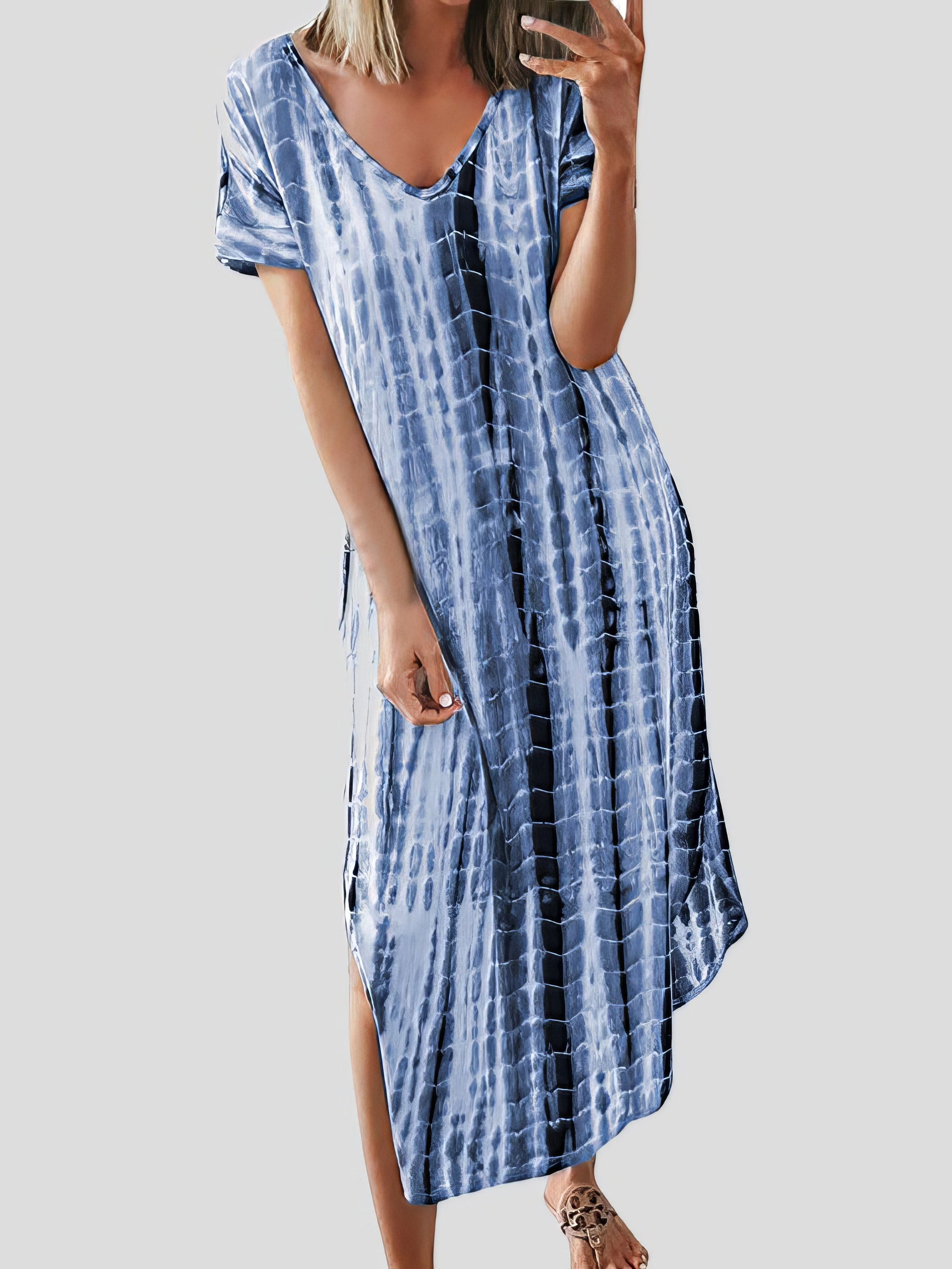 Loose Tie-Dye Printed V-Neck Split Dress - LuckyFash™