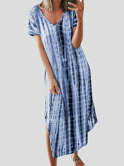 Loose Tie-Dye Printed V-Neck Split Dress - LuckyFash™