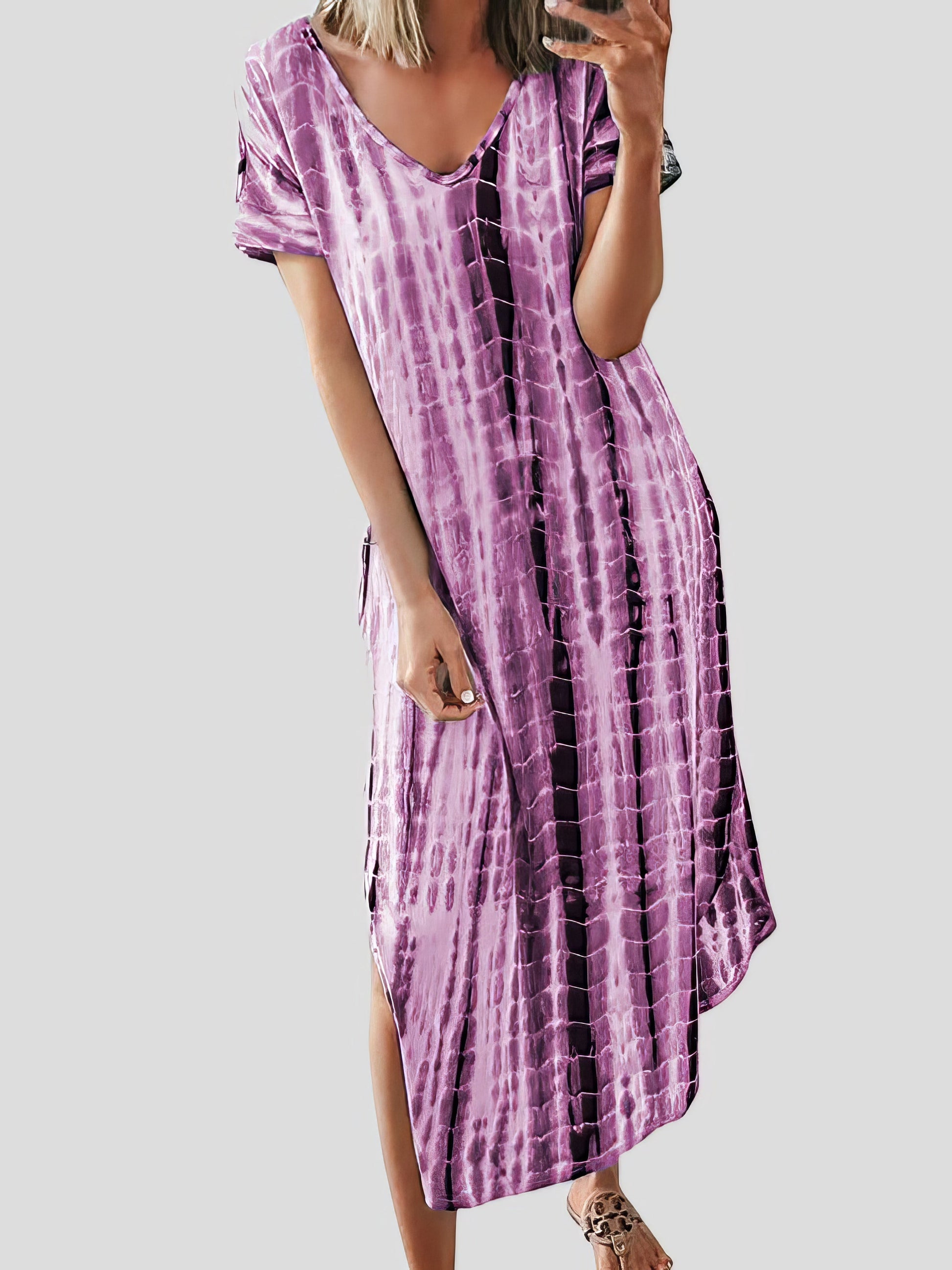 Loose Tie-Dye Printed V-Neck Split Dress - LuckyFash™