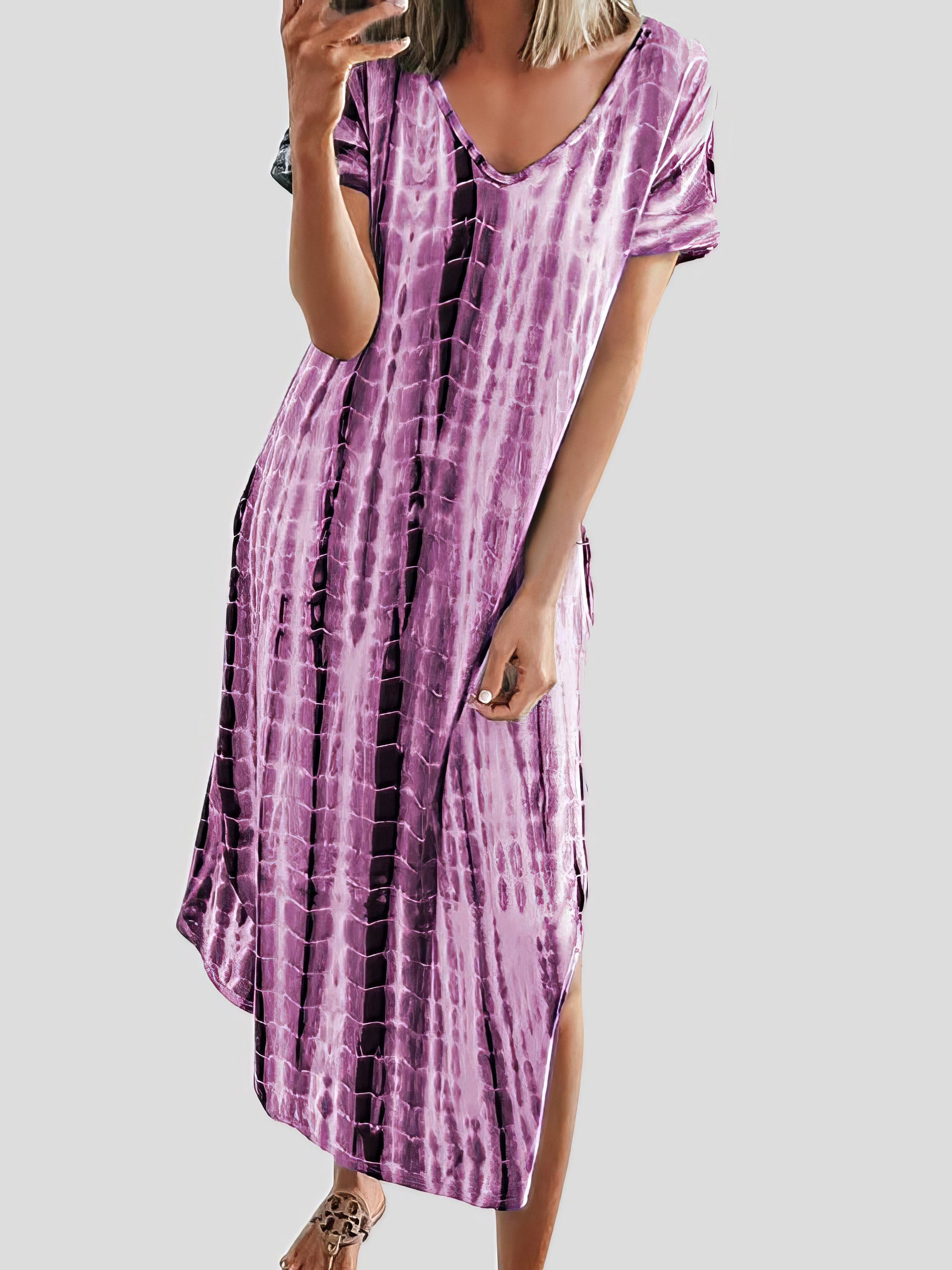 Loose Tie-Dye Printed V-Neck Split Dress - LuckyFash™