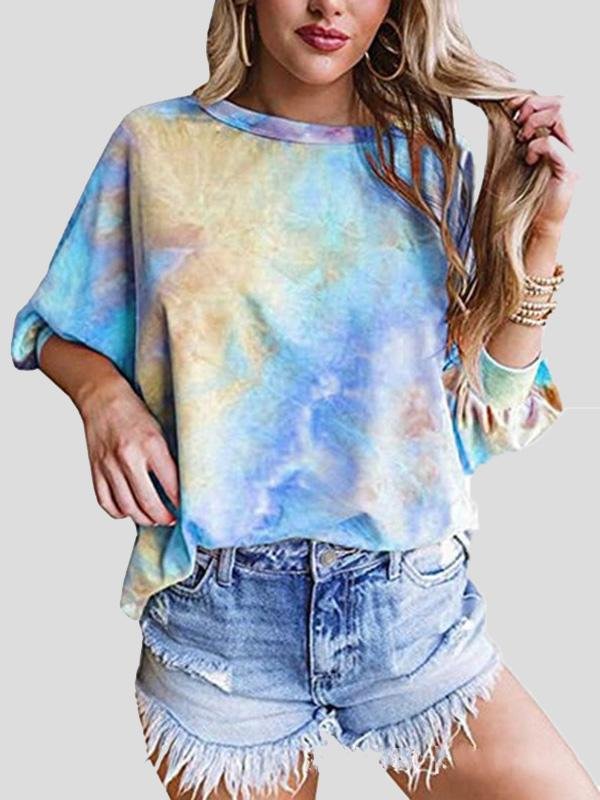 Loose Tie-Dye Round Neck 3/4 Sleeve T-Shirt - LuckyFash™