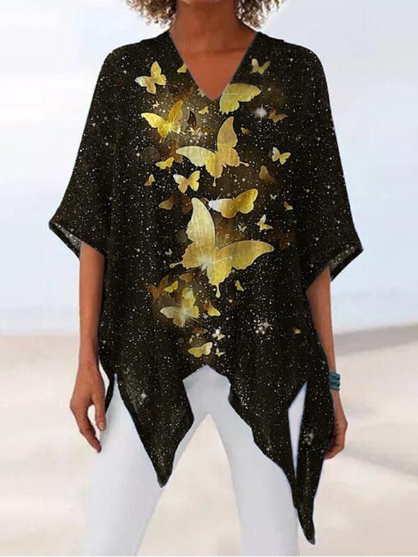 Loose V-Neck Irregular Half Sleeve Printed T-Shirts - LuckyFash™
