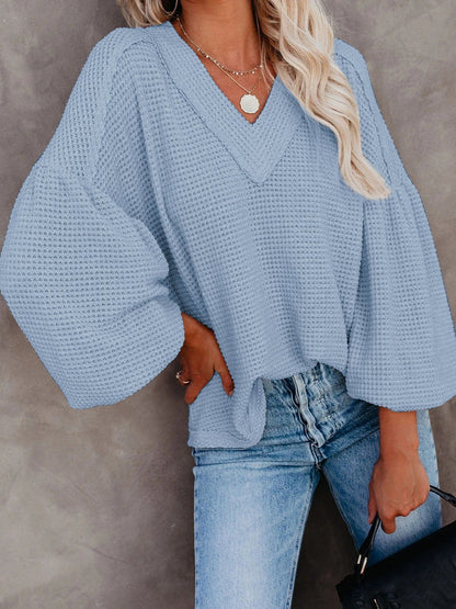 Loose V-neck Lantern Sleeve Top - LuckyFash™