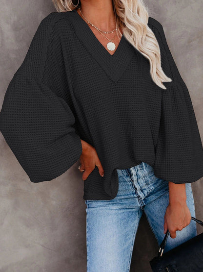 Loose V-neck Lantern Sleeve Top - LuckyFash™