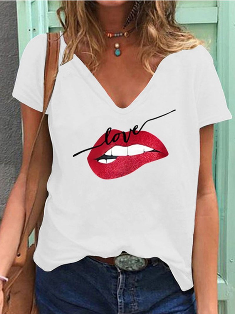 Loose V-Neck Lip Print Short Sleeve T-Shirt - LuckyFash™