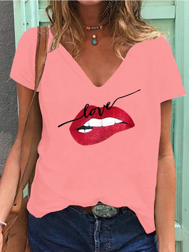 Loose V-Neck Lip Print Short Sleeve T-Shirt - LuckyFash™