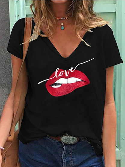 Loose V-Neck Lip Print Short Sleeve T-Shirt - LuckyFash™