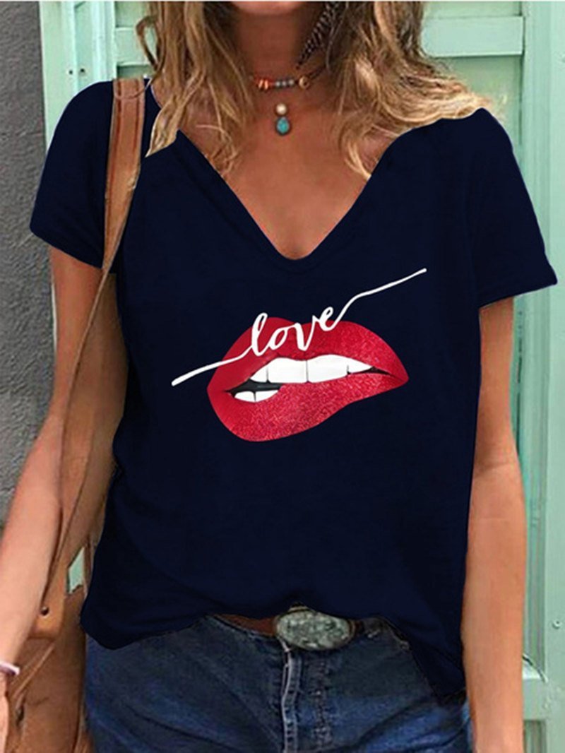 Loose V-Neck Lip Print Short Sleeve T-Shirt - LuckyFash™