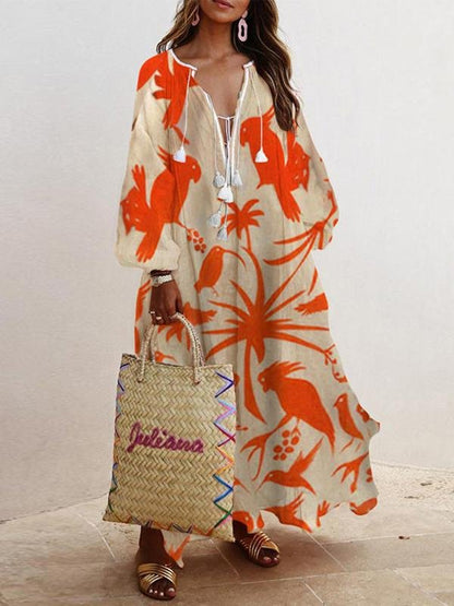 Loose V-Neck Long Sleeve Printed Dress - LuckyFash™