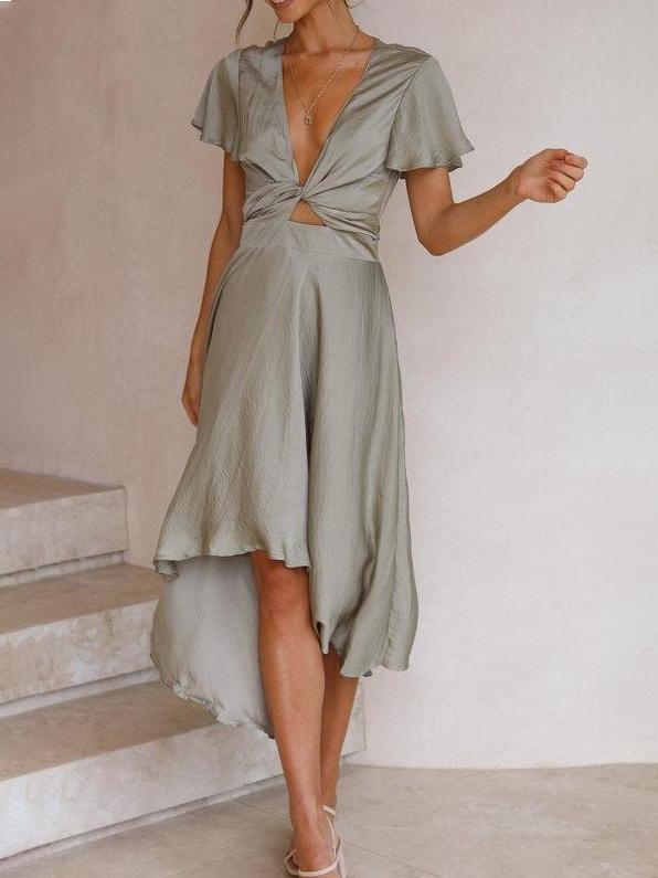 Lotus Leaf Short-sleeved Deep V-neck Irregular Skirt - LuckyFash™