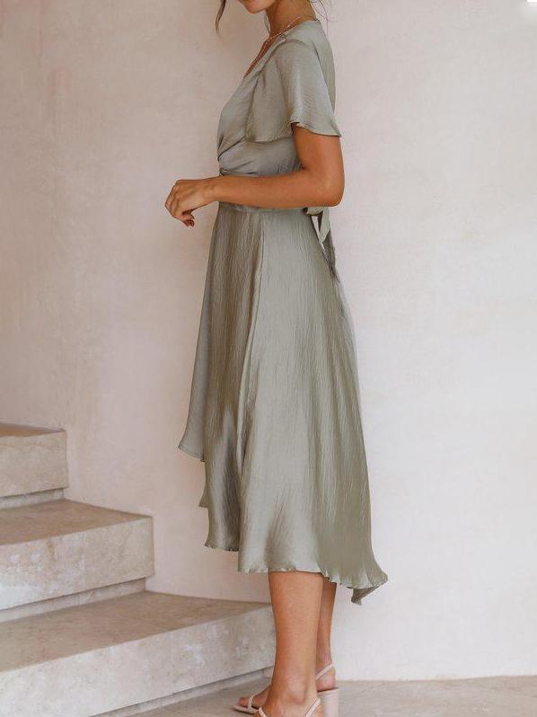 Lotus Leaf Short-sleeved Deep V-neck Irregular Skirt - LuckyFash™